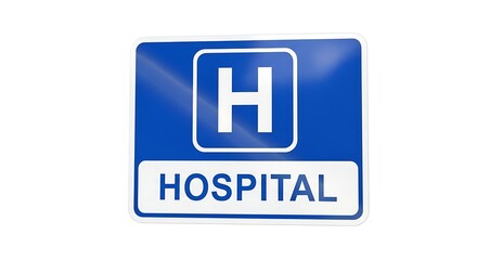 Blue hospital sign with a white H and the word HOSPITAL below it on a white background