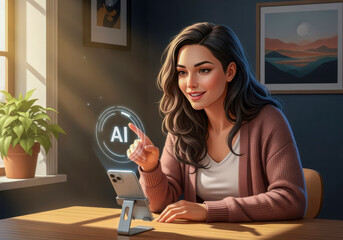 Friendly AI assistant helping user with daily tasks at home, futuristic digital lifestyle concept illustration