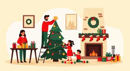 Fototapeta premium Flat vector illustration of a happy family decorating a Christmas tree with ornaments and lights in a cozy home, symbolizing love, religious values, warmth and holiday spirit. 