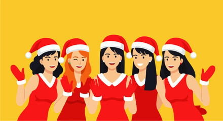 Flat vector illustration of five women wearing party dresses and Santa hats posing cheerfully against a bright background, ideal for Christmas marketing, holiday invitations, or seasonal promotions.