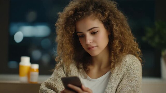 Smart medicine container alerting patient through mobile app, emotion of trust and comfort visible, representing digital healthcare innovation, medication adherence technology, and personalized