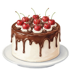 Cherry chocolate cake vector illustration isolated. Rich chocolate drip glaze, whipped cream dollops, whole cherries on top.