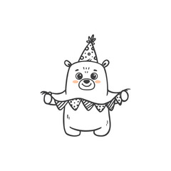 cute cartoon bear with birthday decoration. Animal in doodle style for greeting card, happy birthday. 