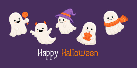 set of cute halloween ghosts on purple background. Collection ghost in flat style. 