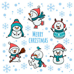 Set of cute cartoon snowmans for content , banner, stickers and greeting card, christmas and new year. The collection of funny snowmen in doodle style. 