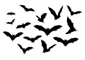 Set of Dynamic Black Bat Silhouettes for Halloween Decoration. Transparent