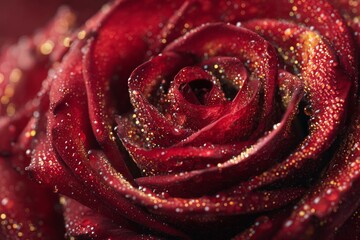 Naklejka premium Close-up of red rose with water droplets and sparkling gold glitter details