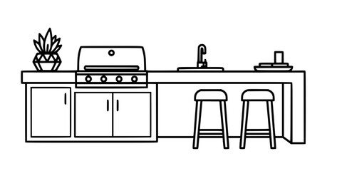 Modern Outdoor Kitchen BBQ Area Flat Vector Illustration