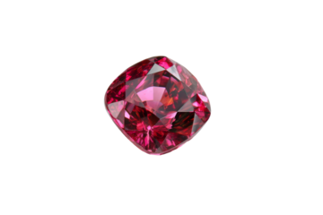 A pink gemstone sits on a white background