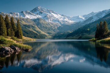 Serene mountain landscape with snowy peaks and calm lake reflection