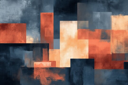 Abstract geometric art with red and blue rectangles and squares on textured canvas