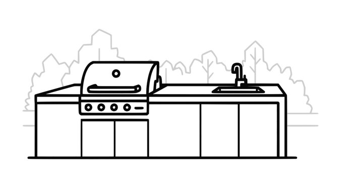 Modern Outdoor Kitchen BBQ Area Flat Vector Illustration