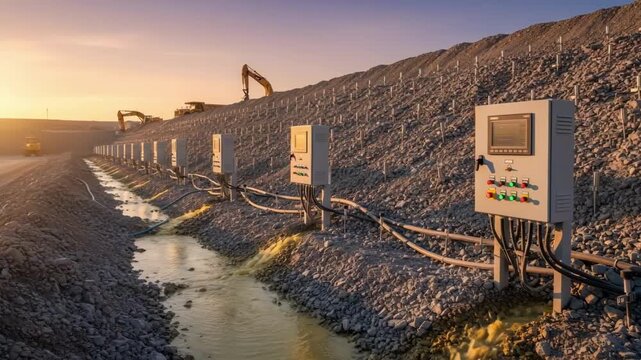 Medium shot of chemical extraction in heap leaching featuring control panels and sensors tracking solution flow in a gently sloped mining environment.