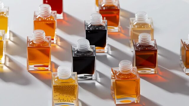 Collection of colorful liquid samples in square glass bottles. Slow pan across cosmetic or scientific ingredients. Product development and research concept for cosmetics, perfumery, laboratory