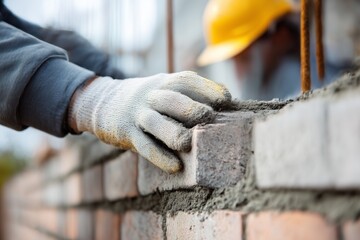 Construction worker wearing gloves and uniform carefully laying bricks on a wall symbol of hard work and craftsmanship. 
