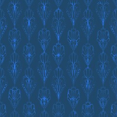 Seamless ornamental design with detailed blue floral motifs and swirling elements. Suitable for luxury fabrics, home decor, or artistic prints conveying mystery and sophistication.