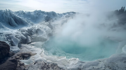 Obraz premium Striking Contrast: Steam Rises from Hot Springs Against Icy Landscape