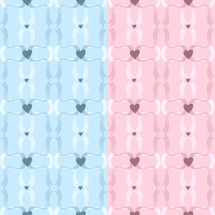 Delightful seamless motif with hearts and ribbons in blue and pink hues on a soft pastel background. Great for Valentine's decor, fabrics, or sweet designs capturing love and tenderness.
