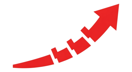 A red arrow graphic indicating upward progress and growth isolated on transparent background