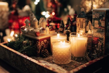 Warm cozy Christmas interior with glowing candles, ornaments, and festive decorations creating a magical holiday mood. 