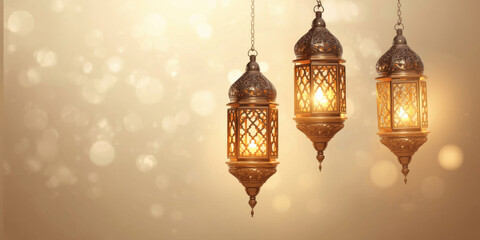 Three ornate moroccan lanterns hanging, glowing with warm light