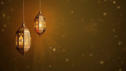 Two vintage moroccan lanterns suspended in a warm, dimly lit space with bokeh