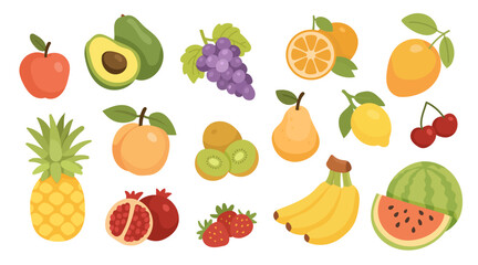 Colorful fruit collection featuring apple, banana, watermelon, pineapple, orange, pear, grape, mango, avocado, lemon, peach, kiwi, strawberry, cherry, and pomegranate, perfect for healthy lifestyle