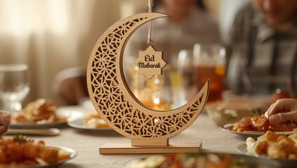 Wooden crescent moon decoration with eid mubarak tag on a table with people celebrating, ramadan or eid
