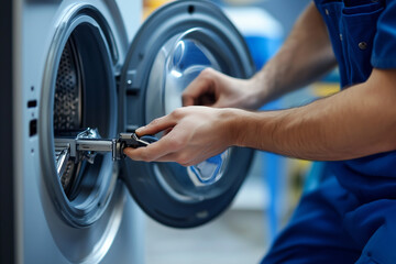 Close-up of a technician’s hands repairing a washing machine, showing tools, mechanical details, and focused manual work during household appliance maintenance.