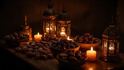 Ramadan iftar meal with dates and glowing lanterns in a warm, inviting atmosphere