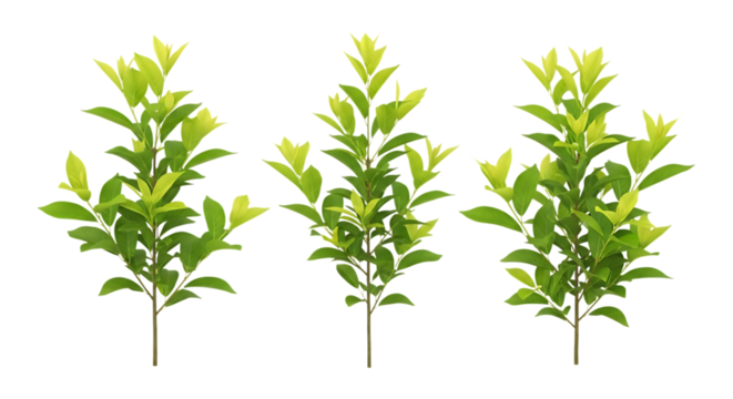 Three small green leafy plants isolated on transparent background