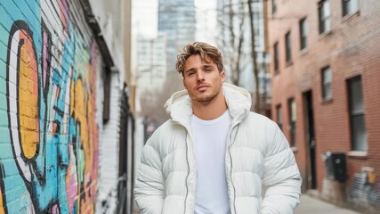 Stylish man in puffer jacket showcases urban fashion against vibrant graffiti backdrop in alley