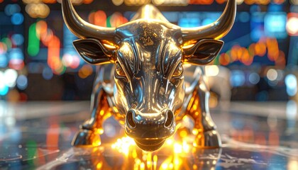 Golden bull statue in front of trading board representing stock market optimism financial growth and bullish investment trends