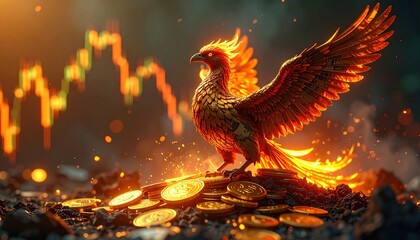 A majestic phoenix made of gold rises from coins against a glowing stock market graph, symbolizing rebirth of wealth and digital finance trends