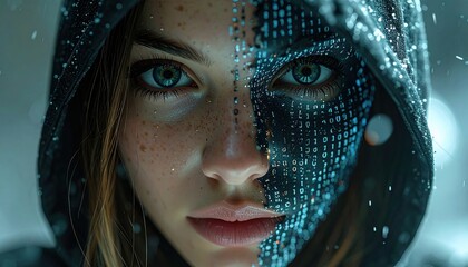 Futuristic portrait of woman with half digital binary code face under rain symbolizing cyber identity artificial intelligence and merging of human emotion with virtual technology