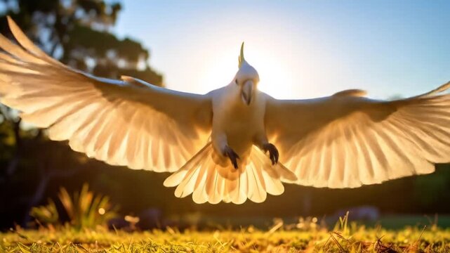 Cockatoo Soaring Through Sunlight, Wings Spread Wide.