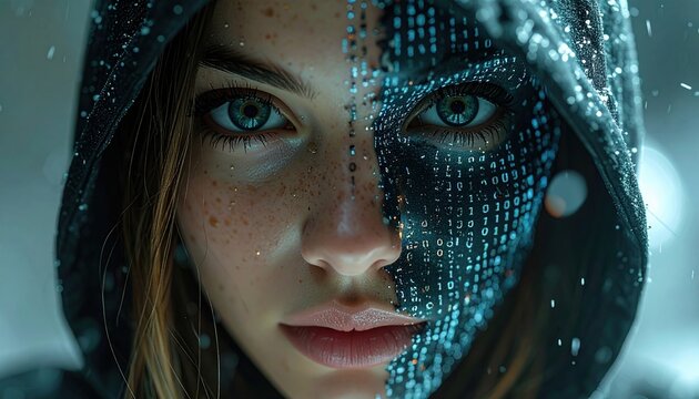 Futuristic portrait of woman with half digital binary code face under rain symbolizing cyber identity artificial intelligence and merging of human emotion with virtual technology