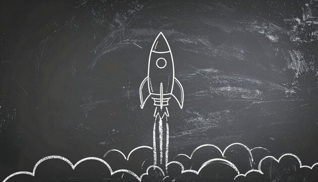 Chalk rocket drawing on blackboard symbolizes innovation education and creative startup concept showing the idea of growth success and exploration in learning
