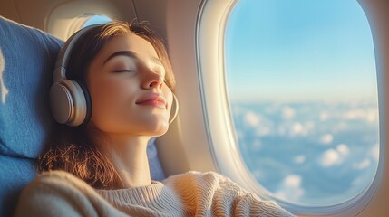 Relaxed female traveler listening to music by window during flight. Calm female traveler sitting by airplane window wearing wireless headphones, enjoying music and soft light of sunset. 