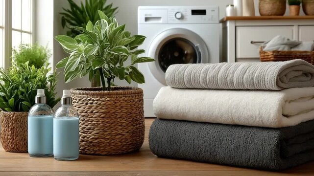 Stack of fresh clean towels and laundry products in a modern home. Domestic scene with a washing machine in the background. Household chores and cleanliness concept