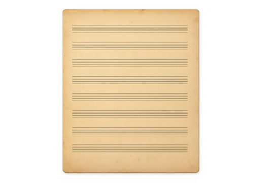 Vintage blank music sheet with staff lines on old textured paper, empty score for composing melodies, transparent background