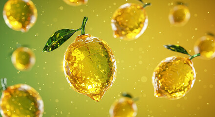 Sparkling faceted lemons floating in vibrant light