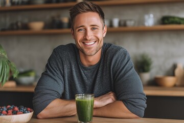 Portrait of smiling man drinking green smoothie in soft daylight. Represents wellness, balance, and daily health habits. 