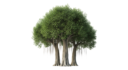 A large banyan tree with multiple trunks and aerial roots, isolated on transparent background