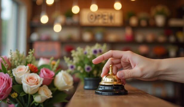woman's hand presses a bell at the counter of a flower shop surrounded by chic bouquets of flowers against the backdrop of a shelf with flower pots and a sign saying "open"