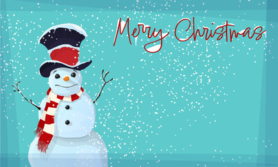Winter Holidays editable vector text card with cute snow man wearing a fancy hat and scarf. Christmas , New Year background for your design