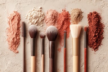 Set of makeup brushes arranged neatly on marble surface, symbolizing elegance, professionalism, and modern beauty trends. 