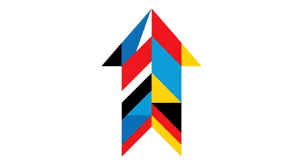 Abstract geometric arrow shape with colorful mosaic pattern isolated on transparent background