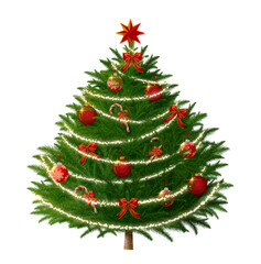 Christmas tree with lights and baubles on transparent background.