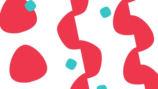 An energetic abstract pattern with bold red shapes and vibrant teal dots on a clean white background